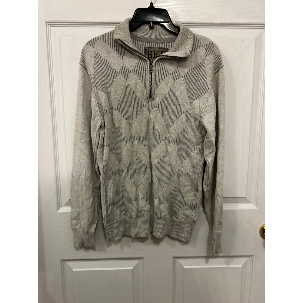 BKE Mens Quarter Zip Sweater Gray Diamond Knit Athletic Fit Mock Neck Size M